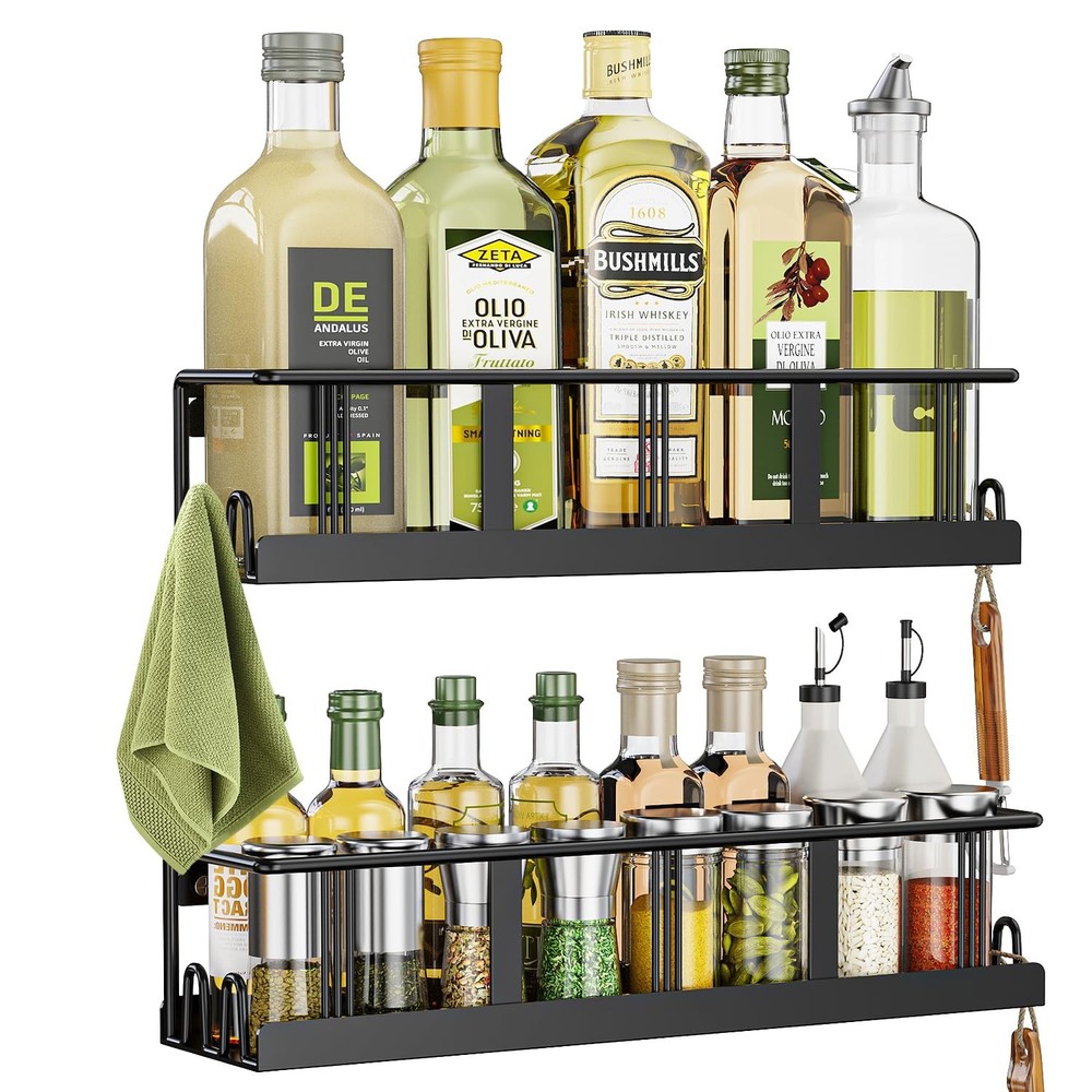 Bunoxea Spice Rack Wall Mounted 2 Pack, Space-Saving 2 Black