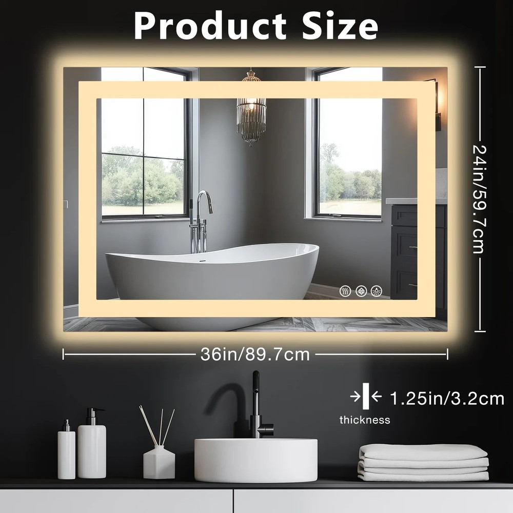 LED Bathroom Mirror Anti-Fog Backlit Memory Function Tempered Glass Waterproof
