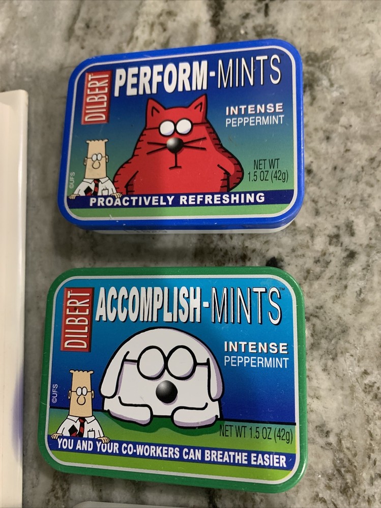 3 Dilbert IMPROVE-MINTS & Accomplish-Mints Candy Tin Box Containers & book, c9