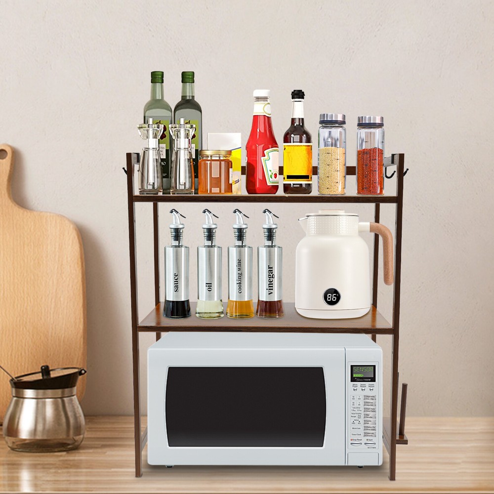 2 Tier 4 Hook Kitchen Storage Rack for Microwave Oven Stand Shelf Organizer