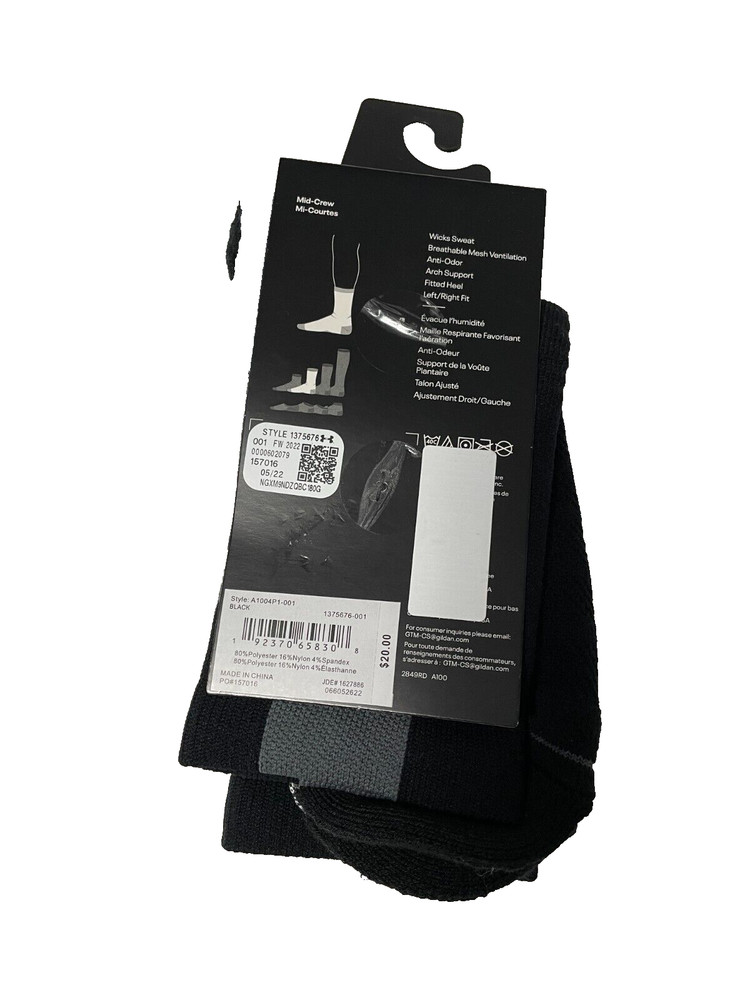 Under Armour Project Rock Socks Mens Medium One Pair PR Playmaker Mid Crew Black