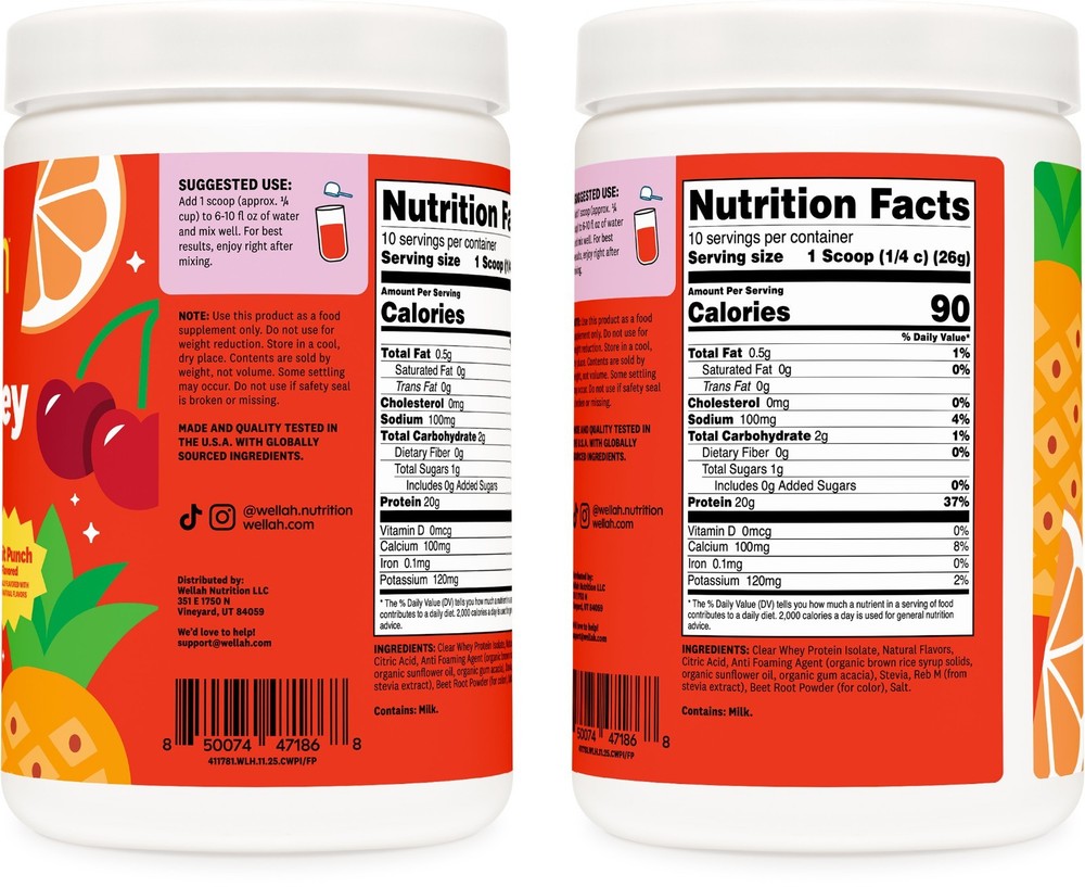 Wellah Clear Whey Protein Isolate Powder (Fruit Punch) 10 Servings