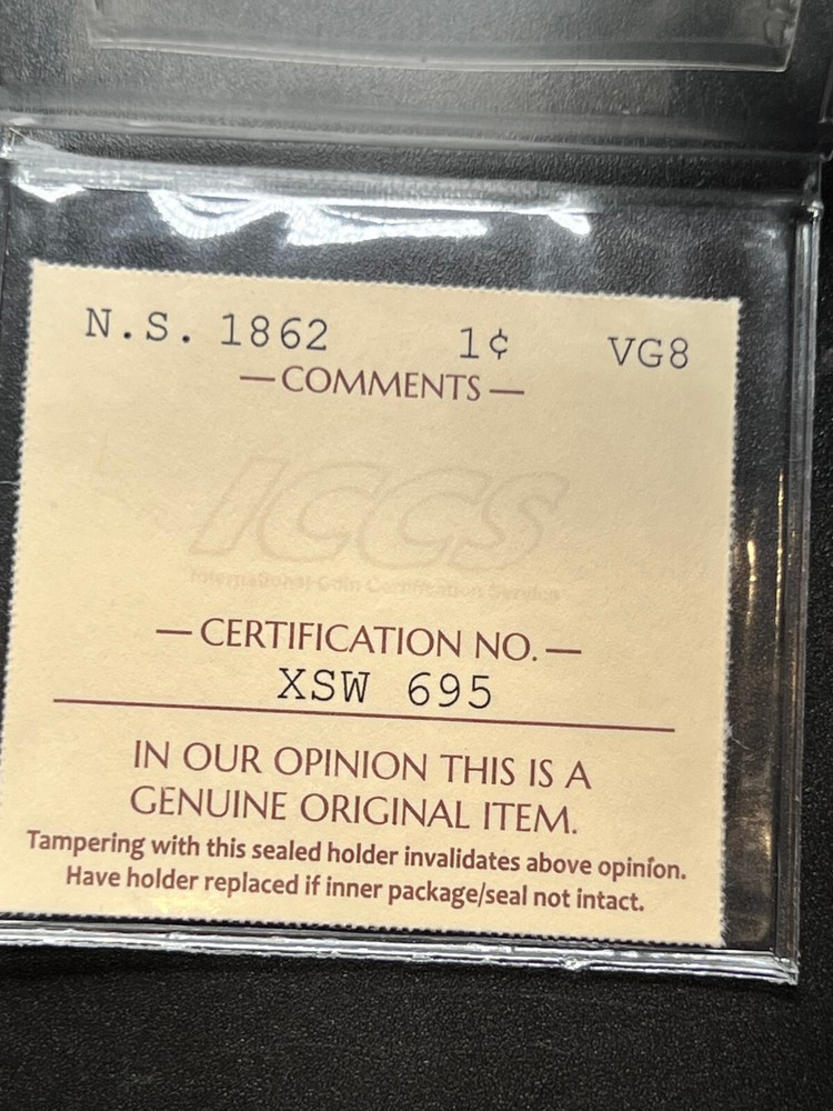 1862 Nova Scotia 1Cent ICCS Graded VG-8