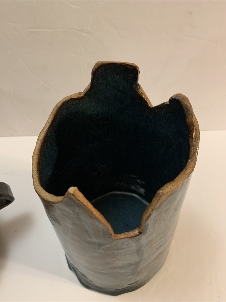 RARE Amanda Pottery Studio Stoneware Glazed Blue Cookie Jar Unique Shape Signed