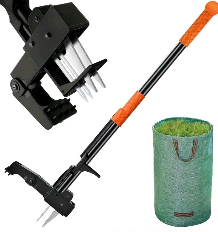 Weed Puller Tool Stand-Up - 40" Long Handle Picker with Leaf Bag, Orange