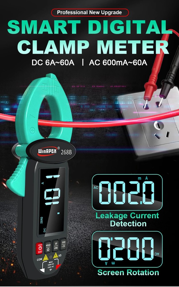 Leakage Current Detect Clamp Meter 0.1mA True RMS 60A AC DC Current Voltage