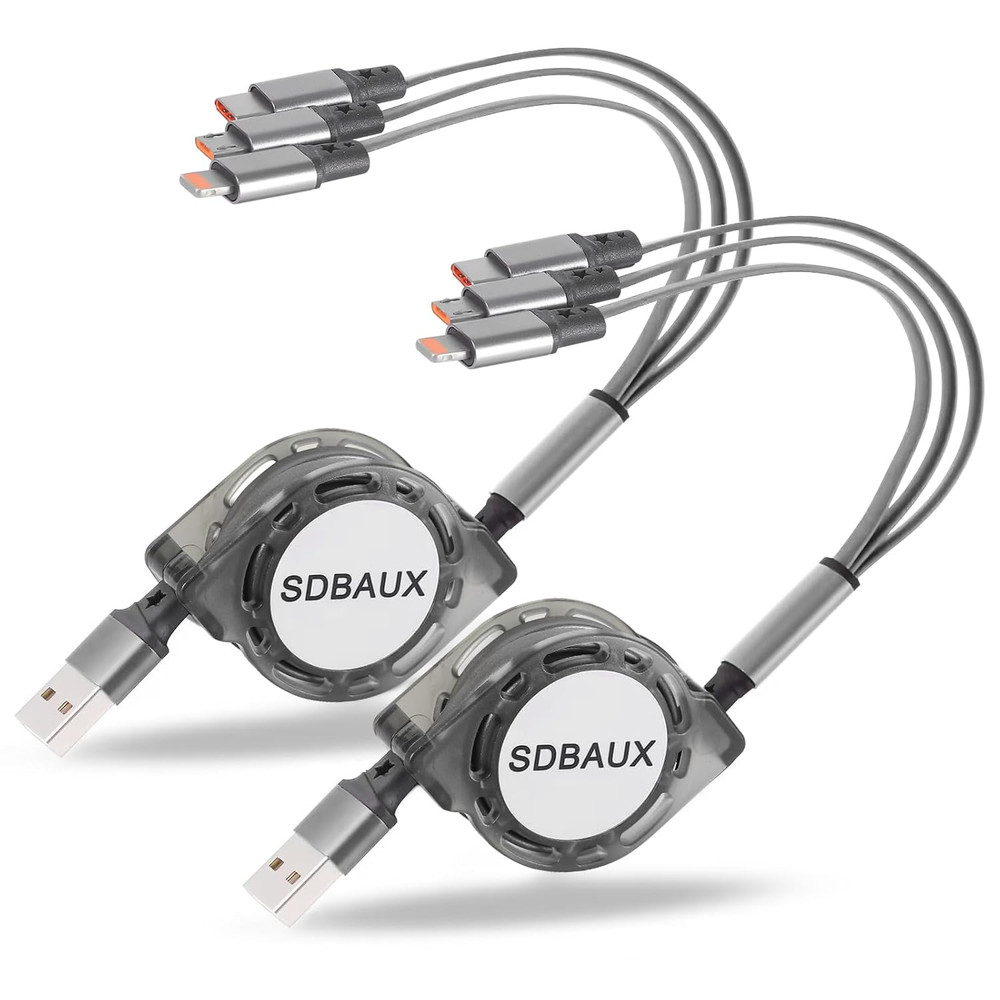 2Pack Multi USB Charger Cable Retractable 3 in 1 Multiple Charging Cord Adapter