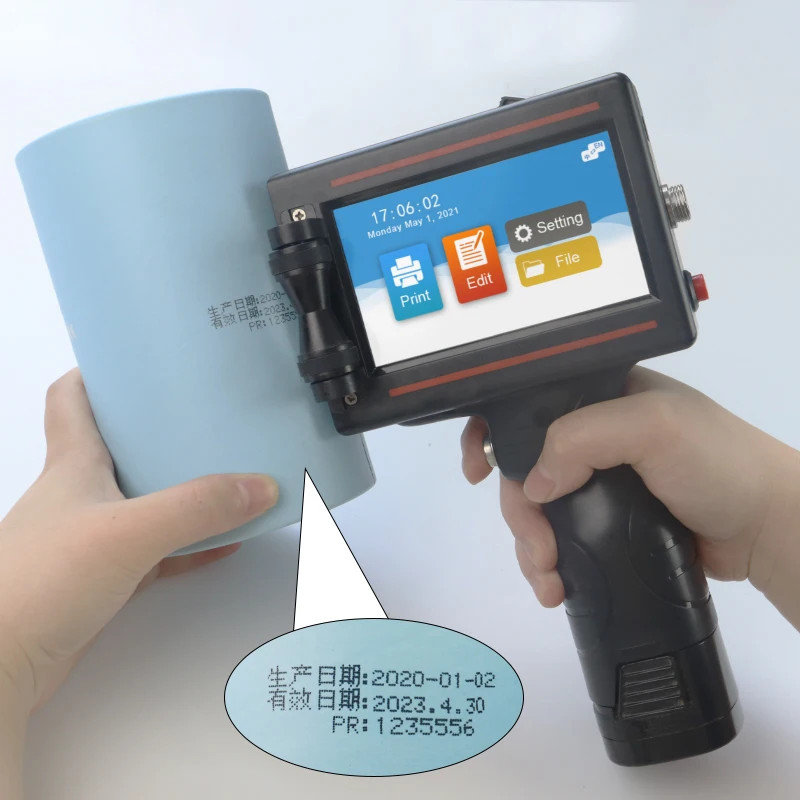 Handheld inkjet printer prints expiration date, batch number, digital brand logo