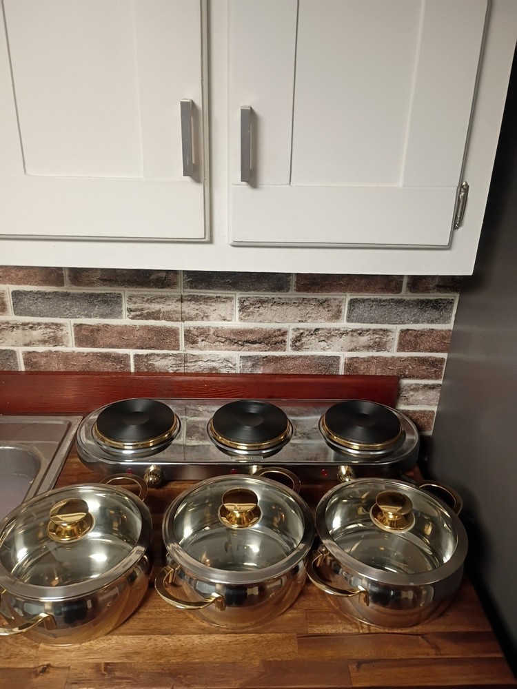 Command Performance Stainless/ Gold Buffet Cookware Set 3 Pots Lids & Warmer