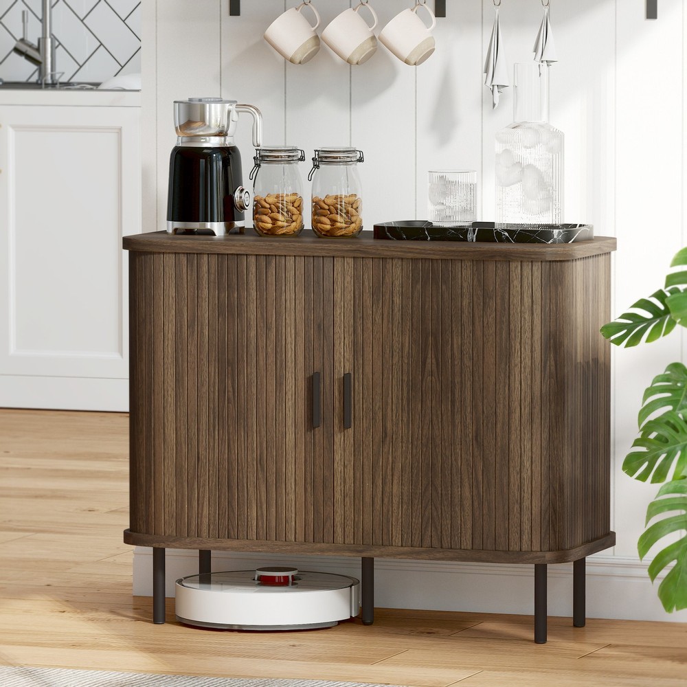 35.4" Sideboard Buffet Cabinet, Slatted Kitchen Cabinet, Walnut