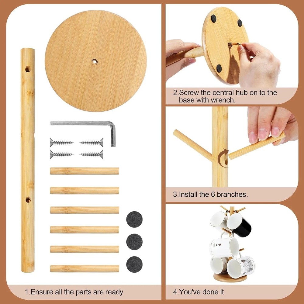 Bamboo Mug Holder, 6 Hooks Coffee Mug Holders Tree, Decorative Mug Racks for Cou