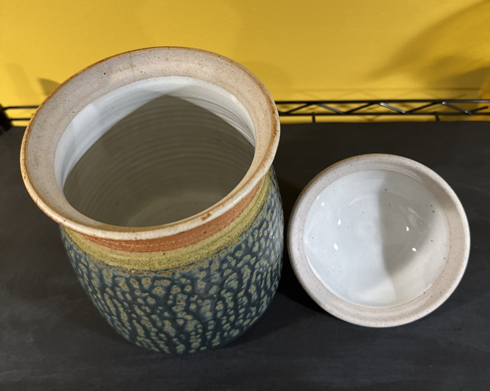 Royce Yoder Pottery Handmade Stoneware Canister – Tree Design, Green & Tan
