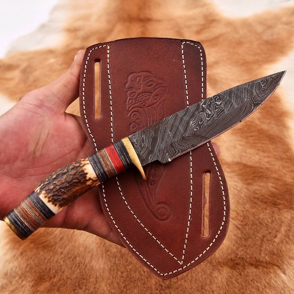 Brown LEATHER ENGRAVED PANCAKE Fixed Blade Knife Belt Sheath Folding Tool Case