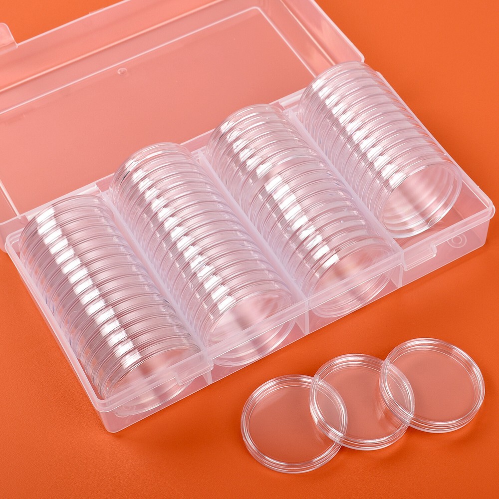 60Pcs 40mm Clear Round Plastic Coin Capsules with Plastic Storage Box Case