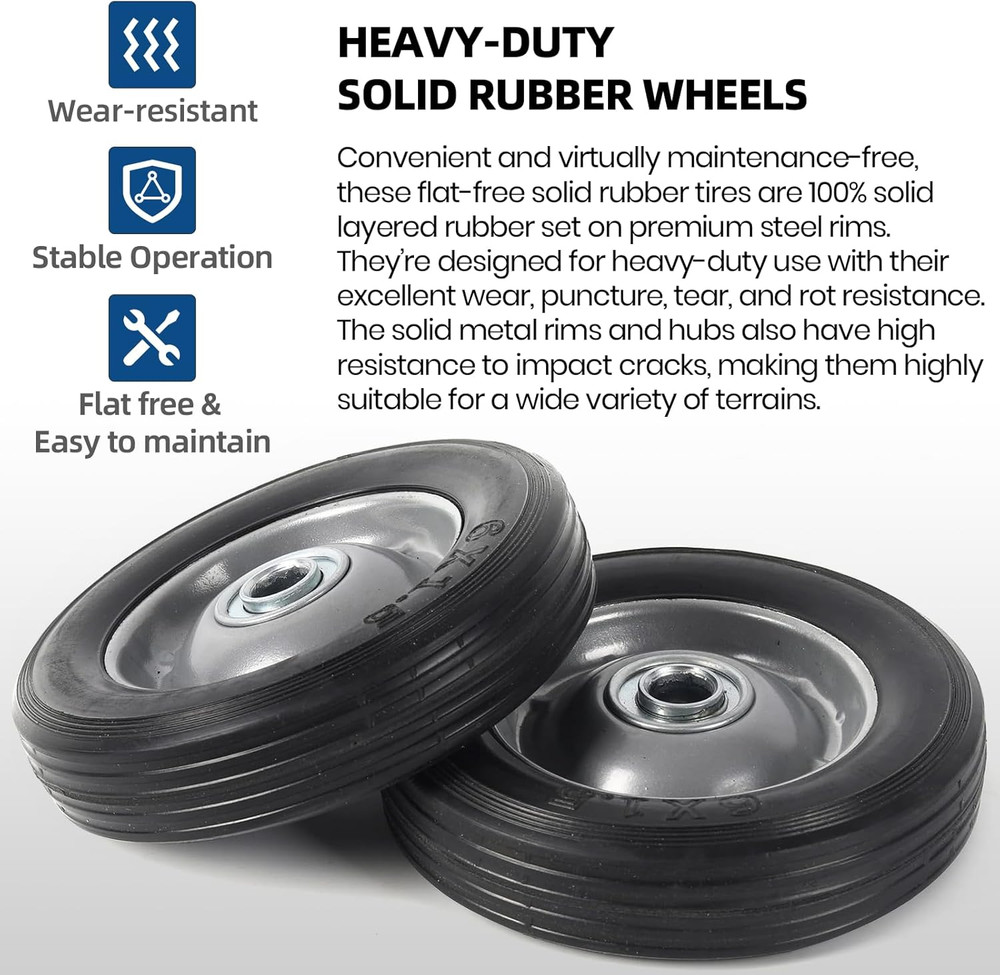 (2-Pack) 6” X 1.5” Flat Free Solid Rubber Wheel Assemblies - Replacement Hand T