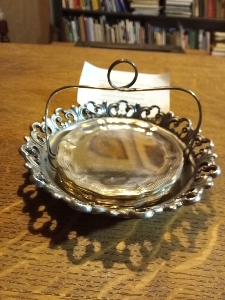Vintage Fine Pewter Set, 10 Stackable Round Coasters with Holder