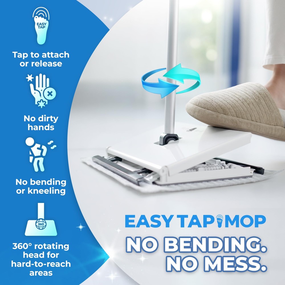 EASY TAP MOP HandsFree Flat Floor Mop & Sweeper FootTap Lock System Compatib...