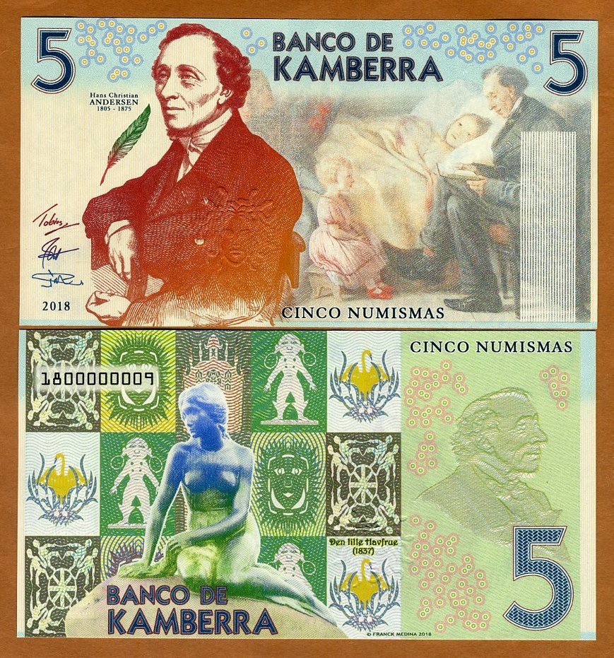 Kamberra, 5 Numismas, 2018, UNC Hans Christian Andersen, Redesigned