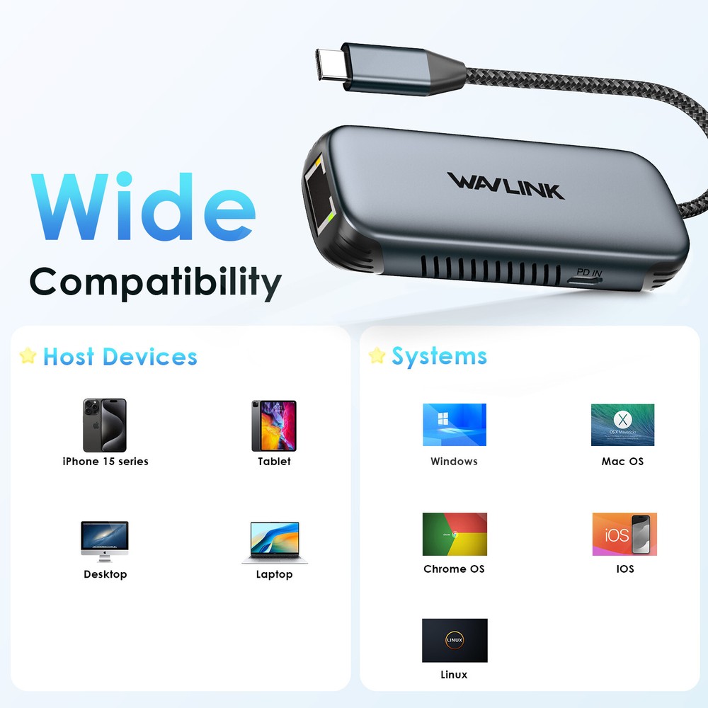 WAVLINK 2.5Gbps USB-C Ethernet Adapter 95W PD iPhone 15/Mac/Windows/Linux