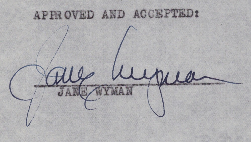 JANE WYMAN - DOCUMENT SIGNED 01/31/1952