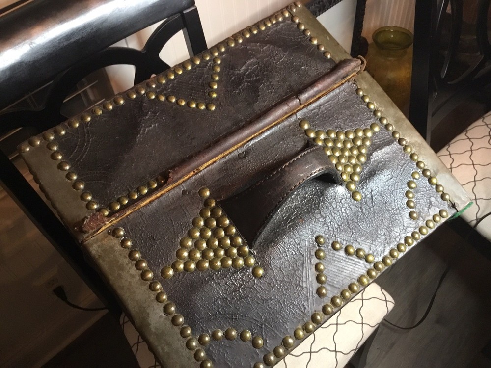 AUTHENTIC ANTIQUE PORTUGESE STUDDED LEATHER STORAGE TRUNK