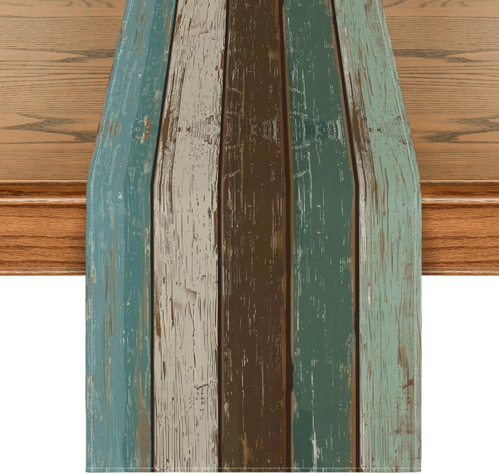 Green Retro Rustic Wood Texture Table Runner, Seasonal Spring Kitchen Dining Tab