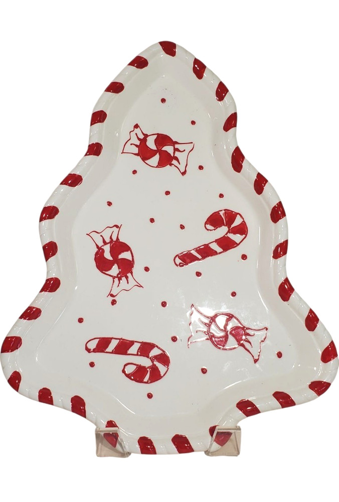 Vintage Hand Painted Red Christmas Tree Cookie Platter Candy Cane Peppermint