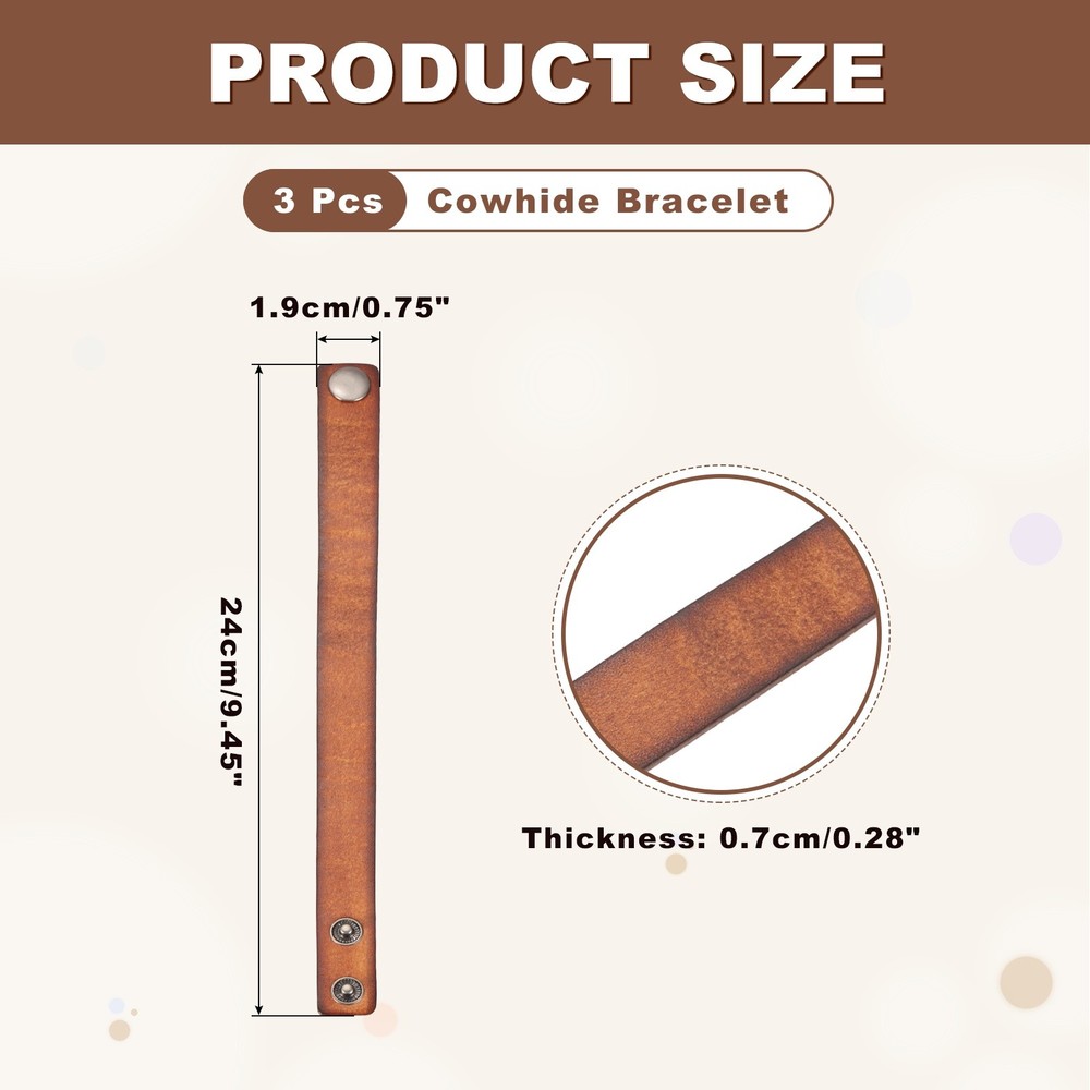 3Pcs Plain Leather Bracelets Buckle Bangle,Brown Black Punk Bracelets