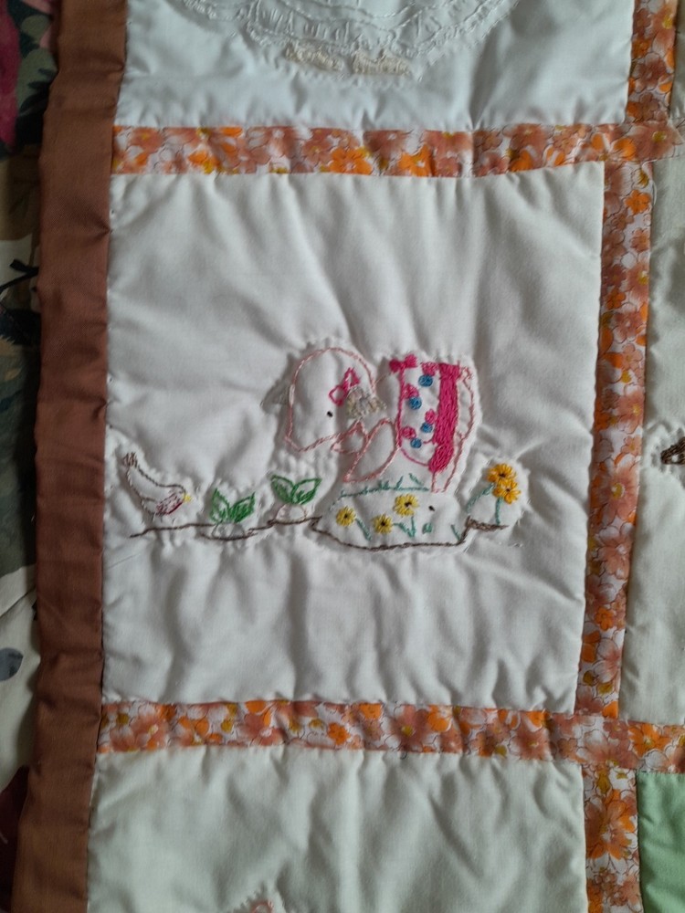 Vintage Handmade Embroidered Patchwork Crib Cot Pram Cover