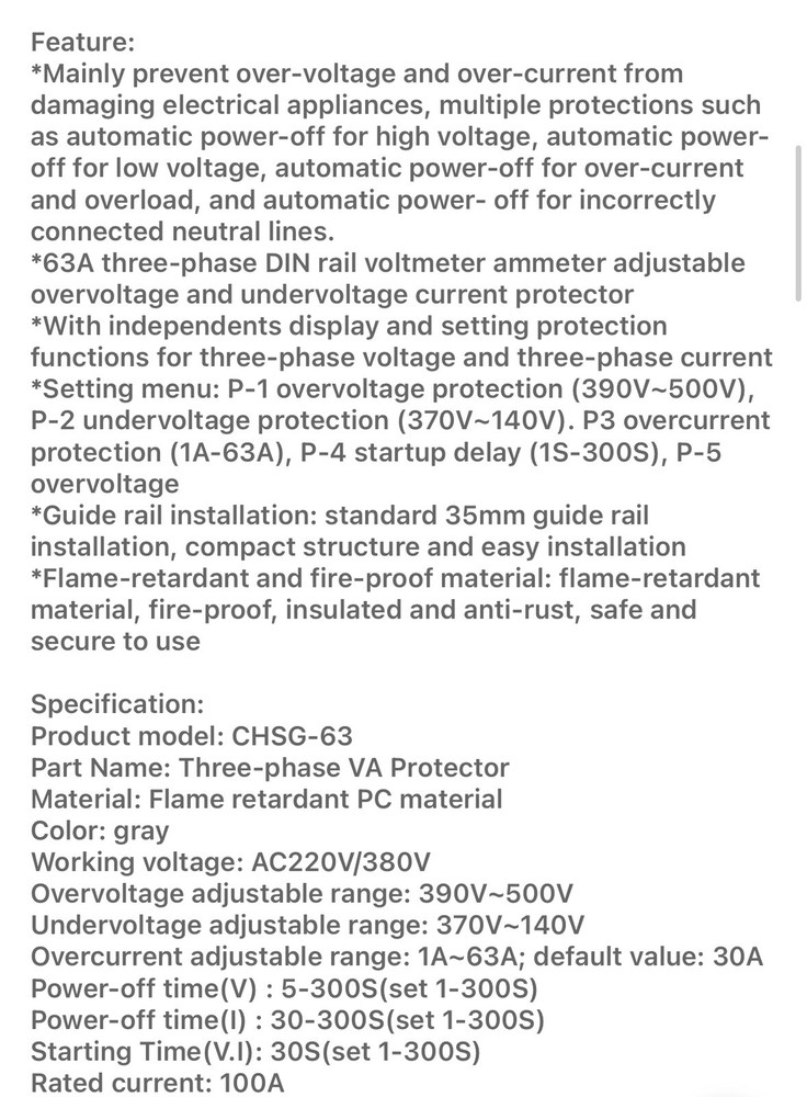 3 Phase DIN Rail Voltmeter Ammeter Auto-Overvoltage Overcurrent Protector AC 63A