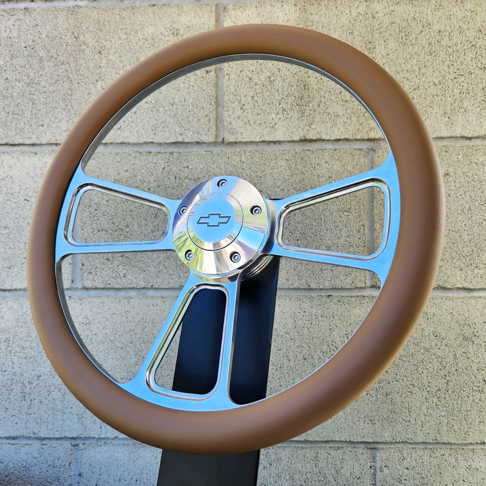 14" Billet Steering Wheel Tri Spoke Tan Half Wrap + Chevy Horn Button Licensed
