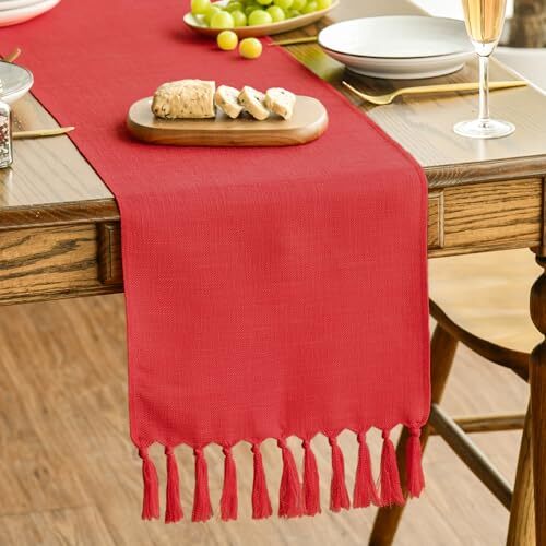 Tassel Table Runner, Christmas Linen Blend Rustic 13" x 48", Table Runner Red