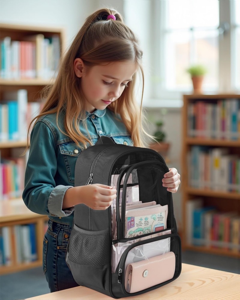 Clear Backpack, Fabric & PVC Transparent Backpack with Large, Black