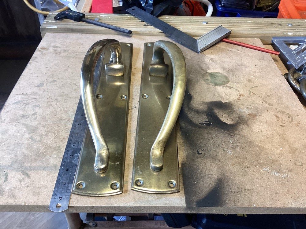 RECLAIMED SOLID BRASS DOOR PULLS PUB / SHOP /BANK PAIR