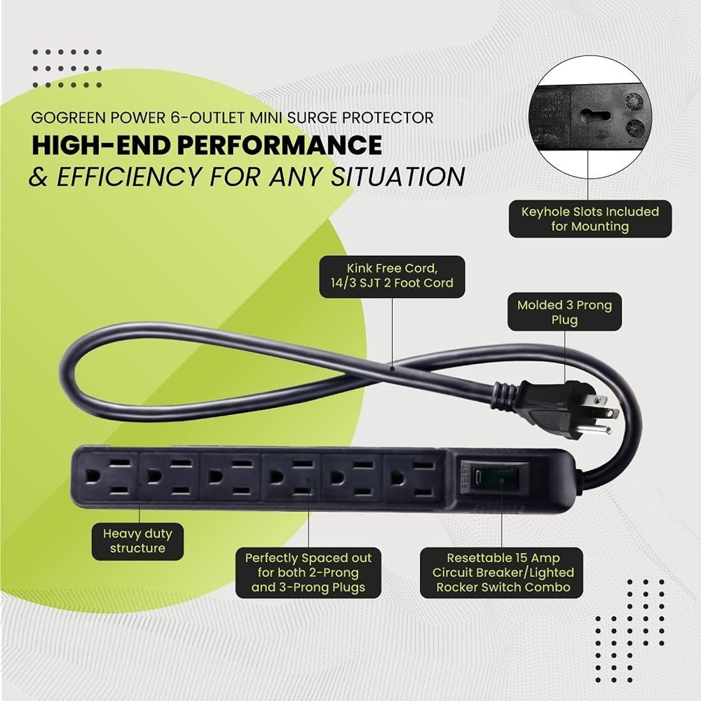 Compact 6 Outlet Mountable Surge Protector – Safeguard Your Electronics in Style
