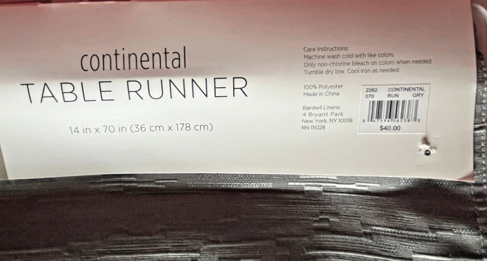 Continental Collection Table Runner 14x70" Gray Spill Proof Polyester Bardwil