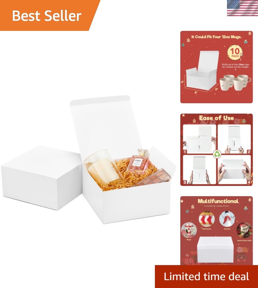 10 Pack Foldable 8x8x4 Gift Boxes - Perfect for Birthdays & Anniversaries