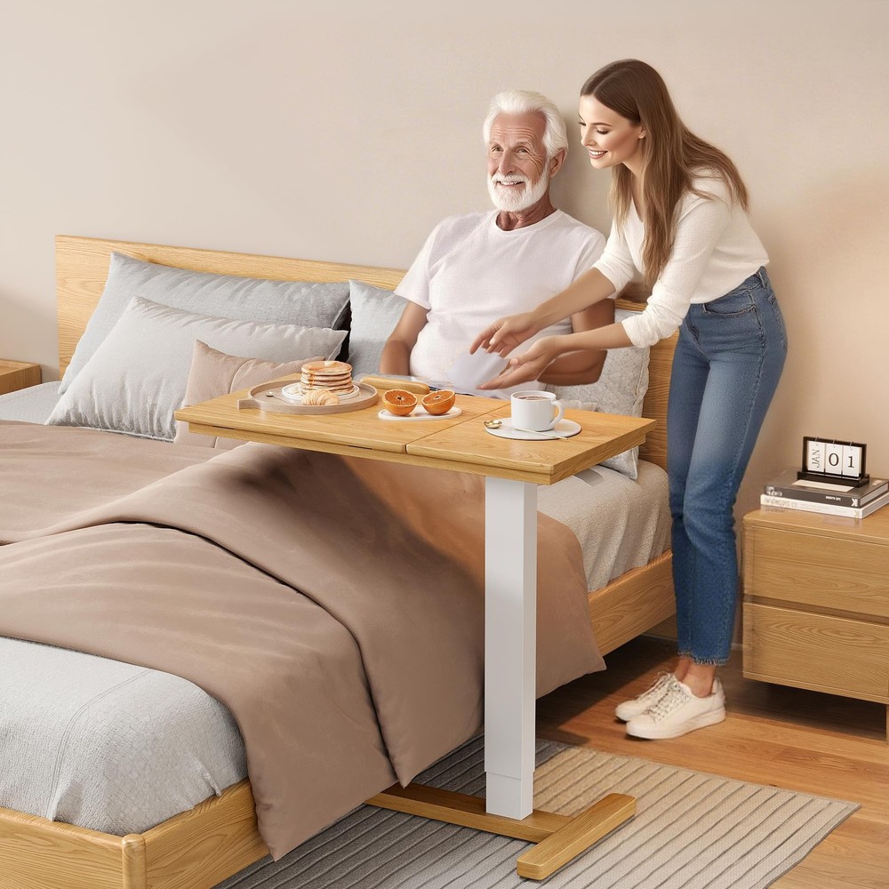 Solid Wood Overbed Bedside Table with Hidden Casters, Adjustable Hospital Bed...