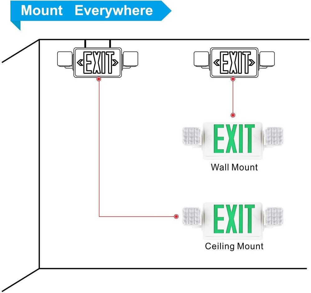 UL Listed 6 Packs Led Green Exit Sign with Battery Backup Combo Exit Lights.