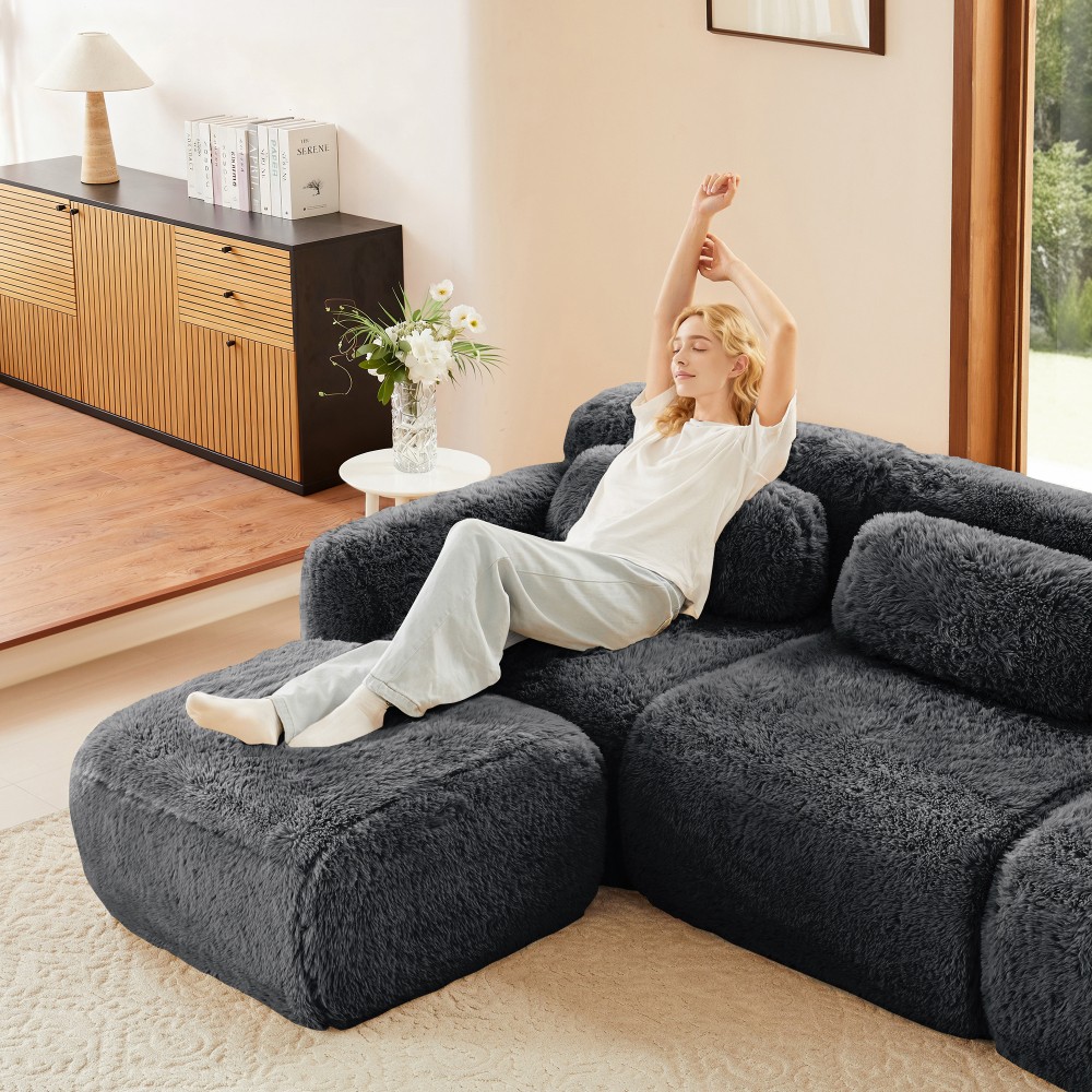 149'' Modular Plush Sofa w/Non-slip Base, Dark Grey, 32D Sponge