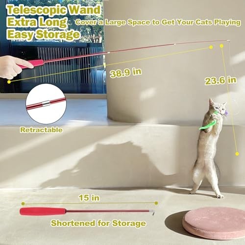 Interactive Cat Toy Set - 2 Retractable Wands & 9 Feather Refills for Indoor Cat
