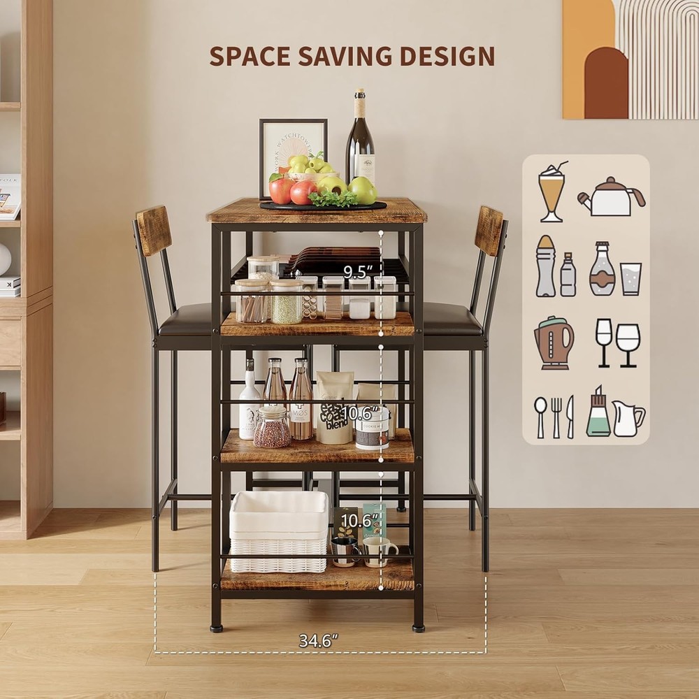 3PCS Dining Table Set w/ 2 Upholstered Bar Stool Wine Rack Kitchen Dining Room