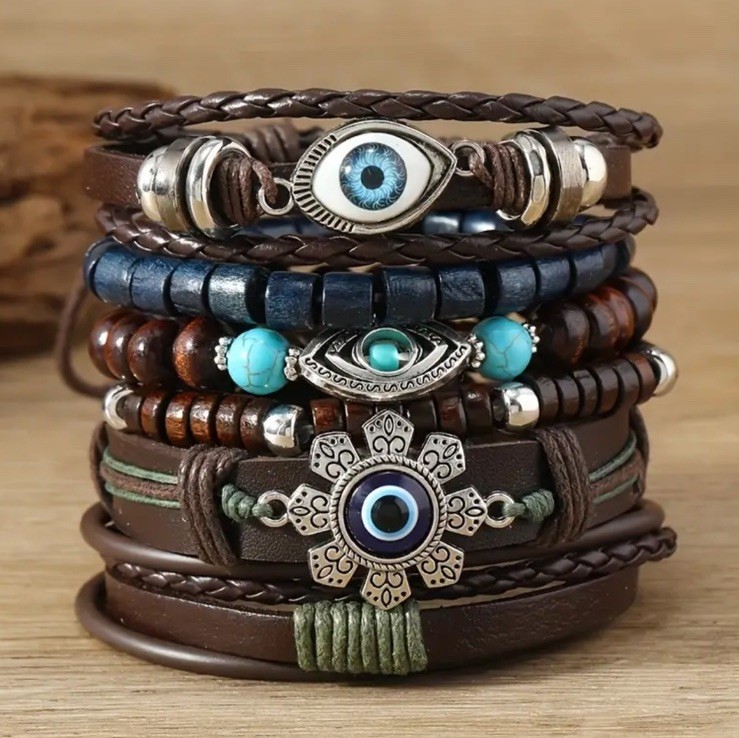 6 PC Leather Punk Bracelet Stackable Adjustable Tie New Free Ship B8548