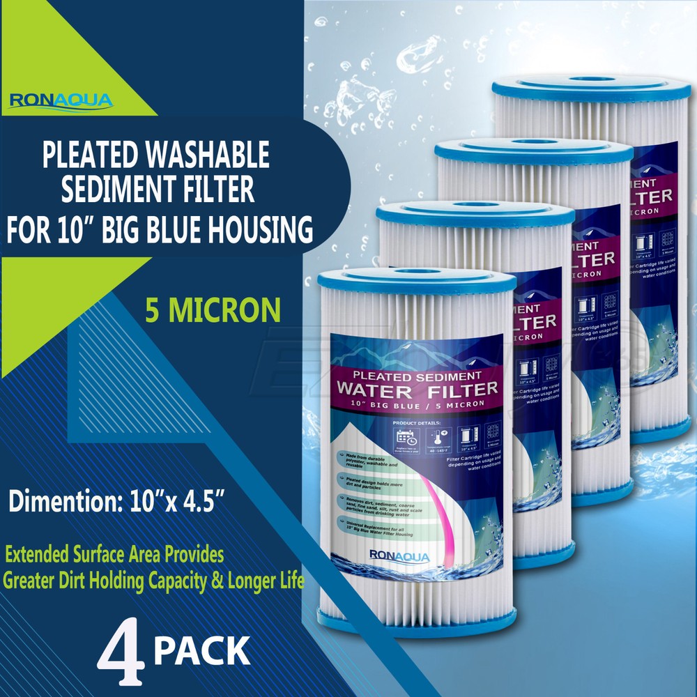 Big Blue Pleated Sediment Water Filters 4 Washable 5 Micron Cartridges 4.5 x 10