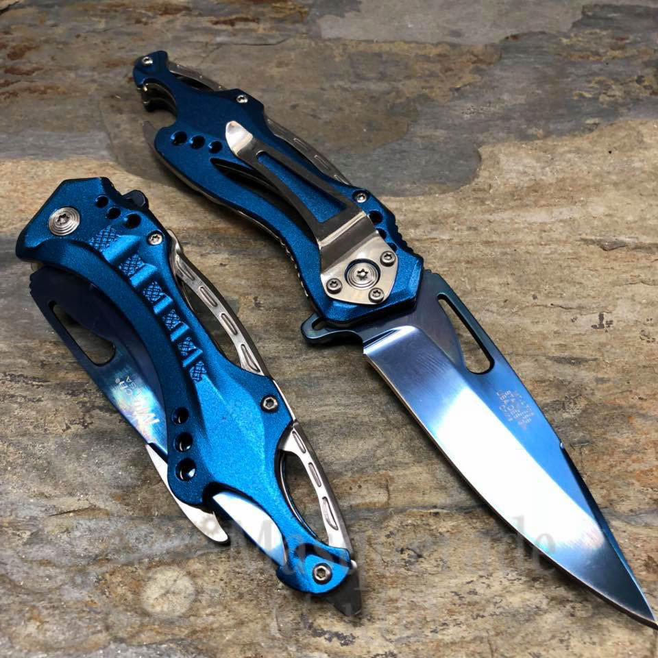 MTech Plain Blade Tactical Hunting Spring Assisted Pocketknife [Blue/Silver]
