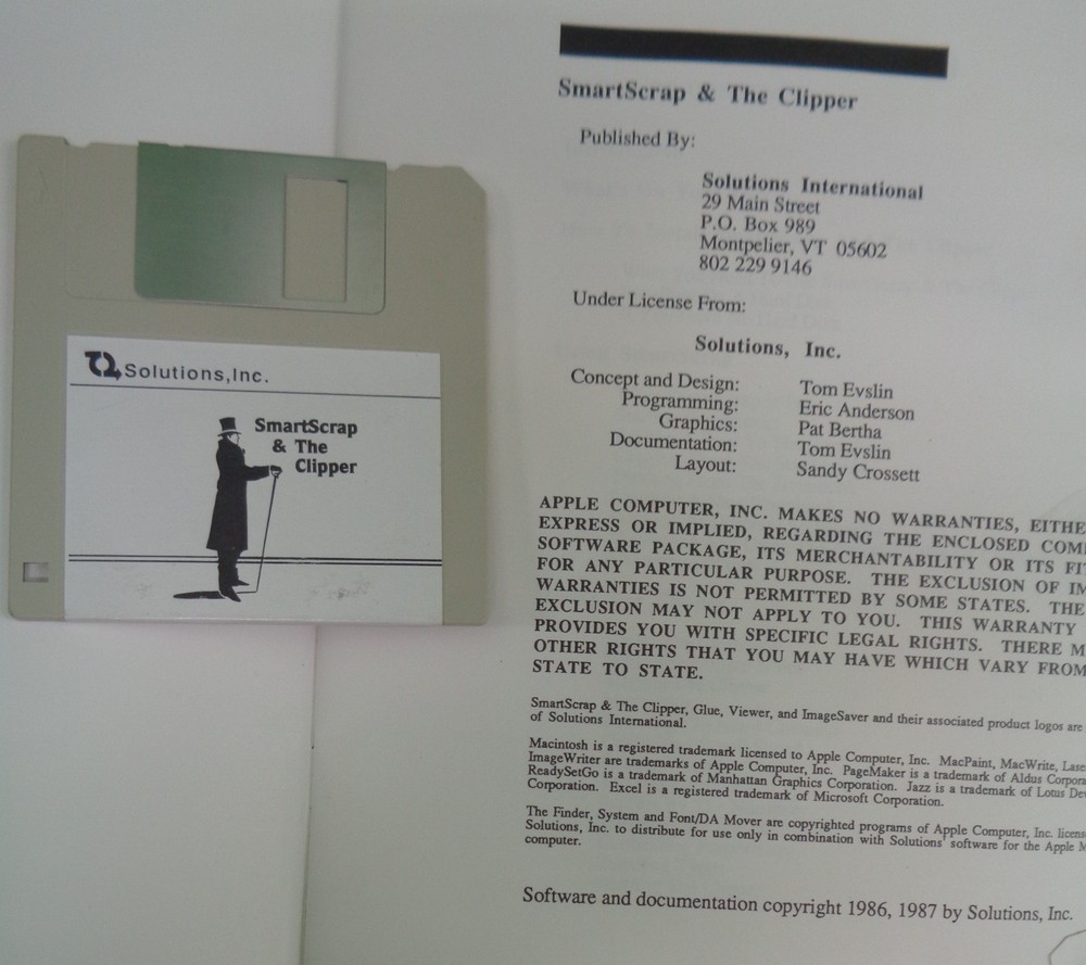 1987 SmartScrap & the Clipper for Macintosh Software - Manual, diskette, etc