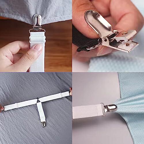 4 Pack White Bed Sheet Straps Elastic Fitted Sheet Clips Bed Gripper for Corners