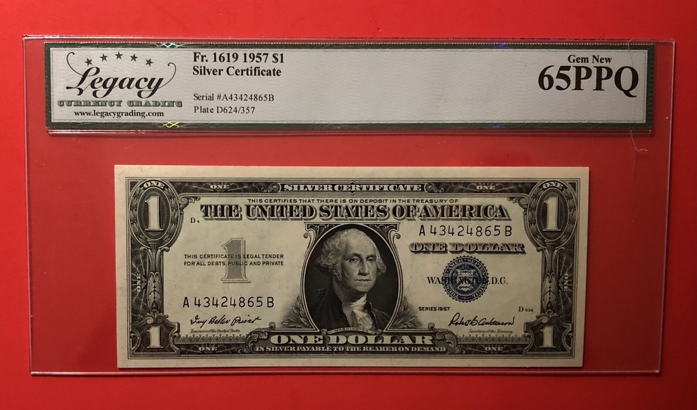 1957 -$1 SILVER CERTIFICATE NOTE,GRADED BY LEGACY GEM NEW 65 PPQ.