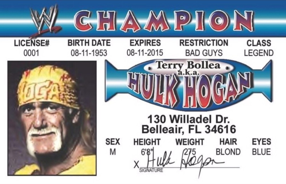 Hulk Hogan Drivers License 3.4” X 2.2” Laminated ID Card.