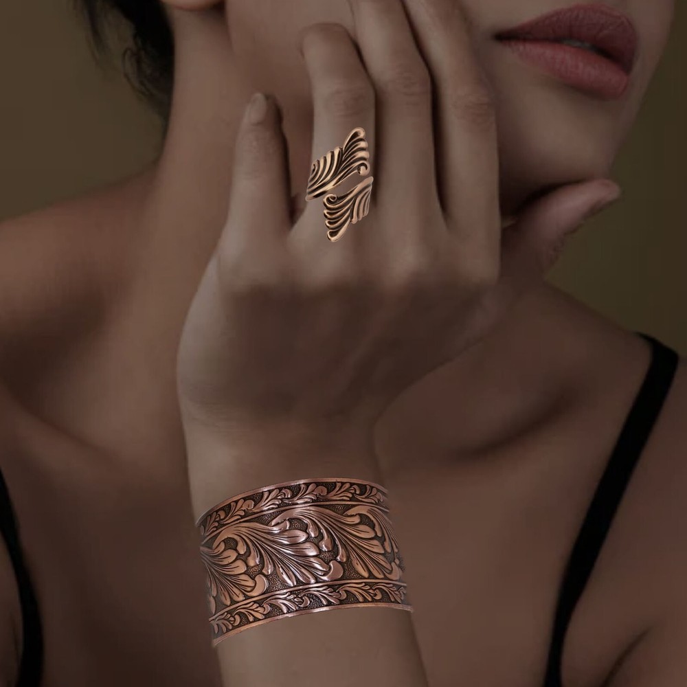 Solid Copper Adjustable Cuff Bracelet with Embossed Floral Design Antique Finish
